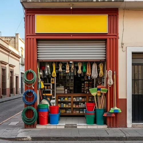 Fachada de la ferretería de ejemplo, con la cortina arriba y mangueras y cubetas colgadas en la entrada